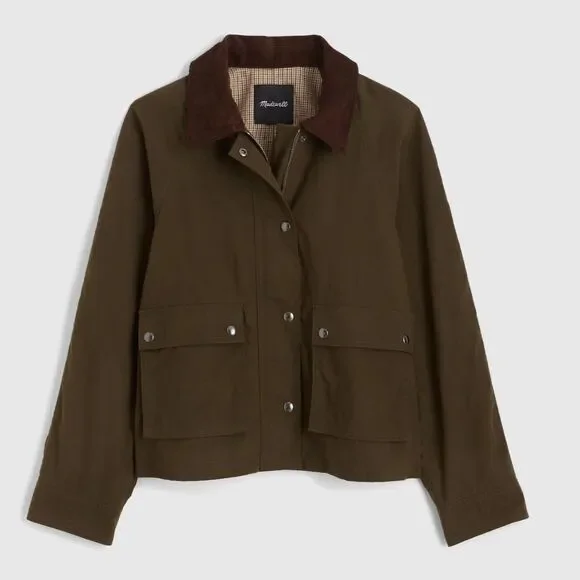 Madewell Waxed Cotton Barn Jacket Corduroy Collar Utility Coat Olive XL NWT - Picture 2 of 16
